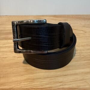 Harley Davidson Mens Black Embossed Genuine Leather Belt Logo Buckle Size 36